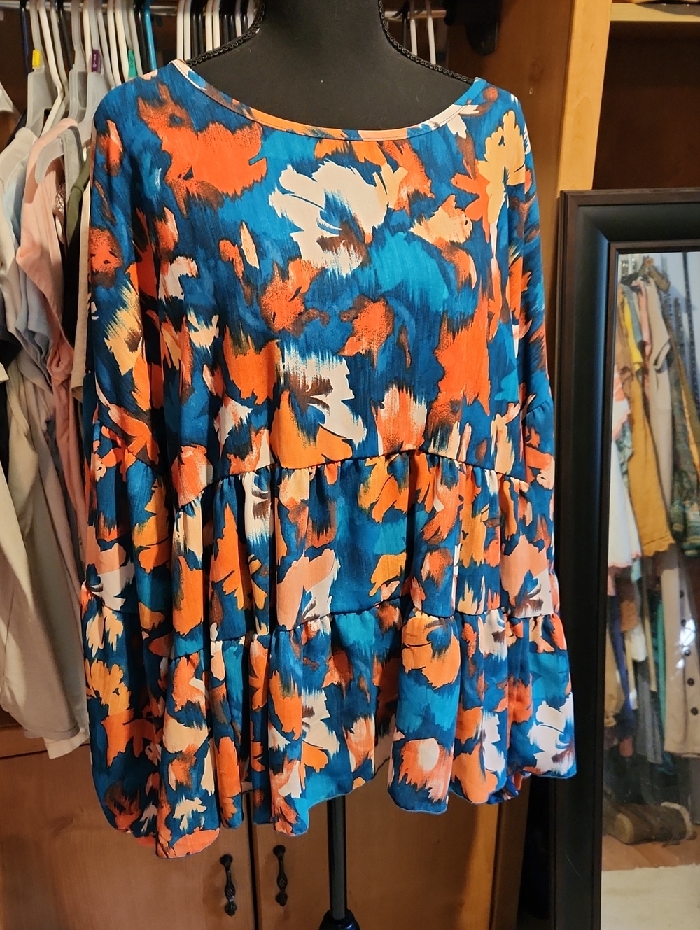 Tiered A-Line Floral Shirt — Blue & Orange